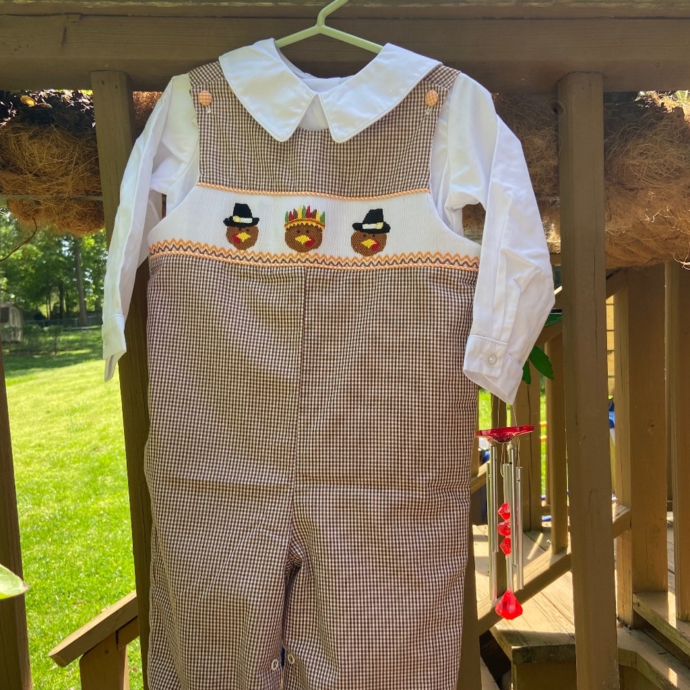 Hand Smocked Thanksgiving Turkey Longall - brown micro-gingham